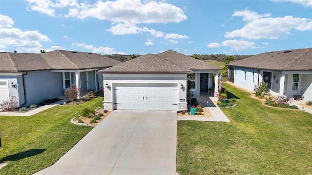 single story home featuring stucco siding, an attached garage, concrete driveway, and a front lawn