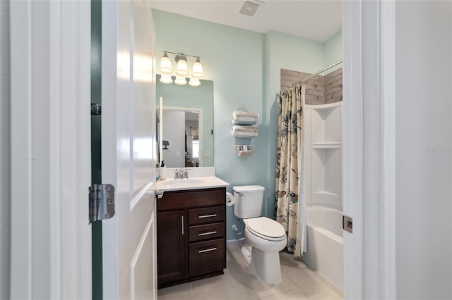 full bathroom with visible vents, shower / bathtub combination with curtain, toilet, tile patterned flooring, and vanity