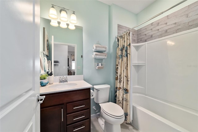 bathroom featuring shower / tub combo, toilet, and vanity