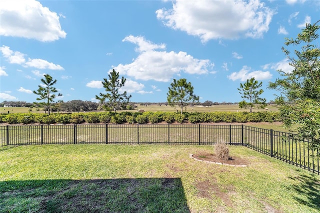 view of yard featuring a rural view and a fenced backyard