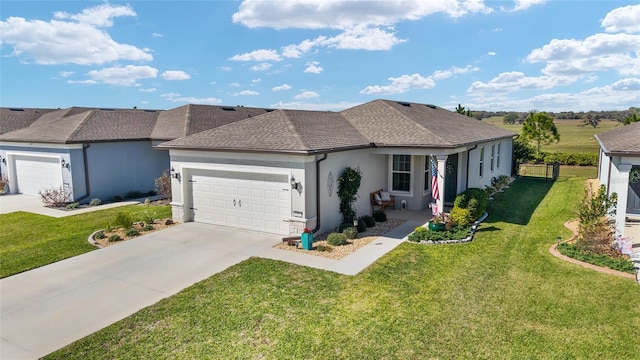 single story home with stucco siding, driveway, an attached garage, and a front lawn