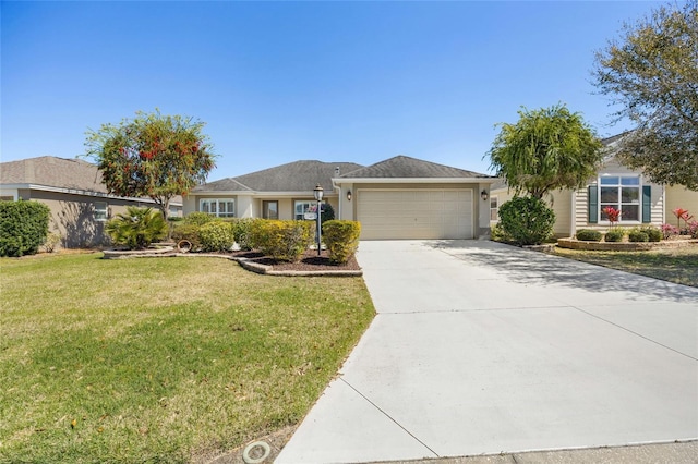 single story home with a front lawn, an attached garage, driveway, and stucco siding