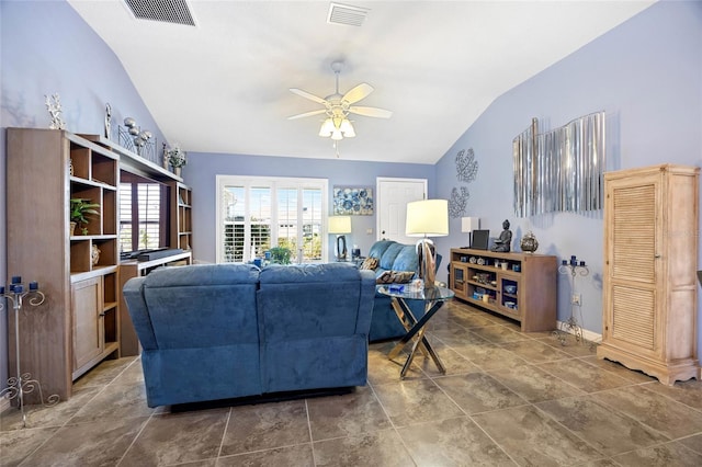 living room with vaulted ceiling, visible vents, and ceiling fan