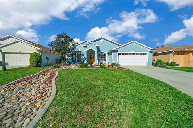 single story home with stucco siding, a front lawn, concrete driveway, and a garage