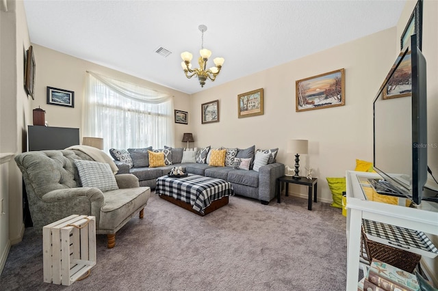 carpeted living room featuring an inviting chandelier and visible vents