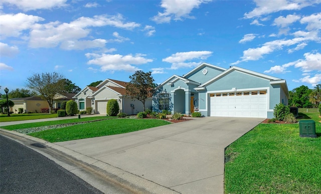 single story home featuring a front lawn, a garage, driveway, and stucco siding