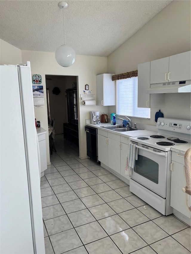 kitchen featuring under cabinet range hood, light countertops, white cabinets, white appliances, and a sink