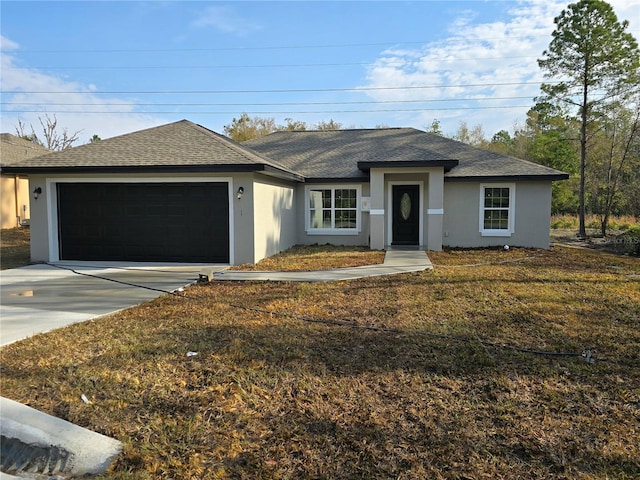 single story home featuring stucco siding, an attached garage, driveway, and a shingled roof