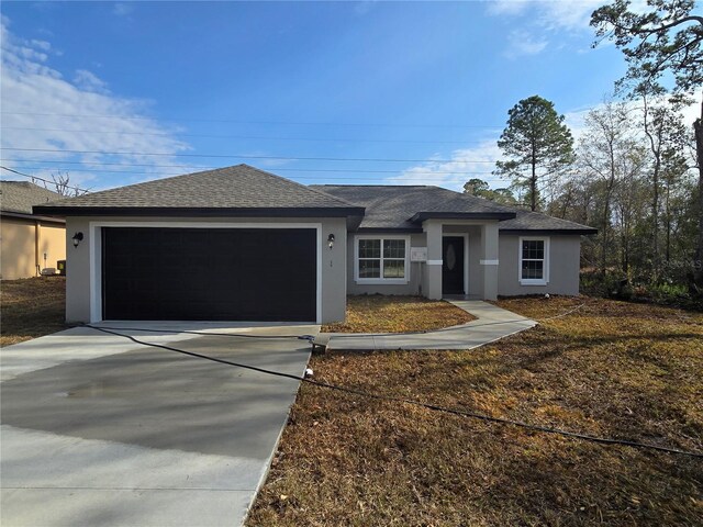 ranch-style house featuring a garage, roof with shingles, concrete driveway, and stucco siding