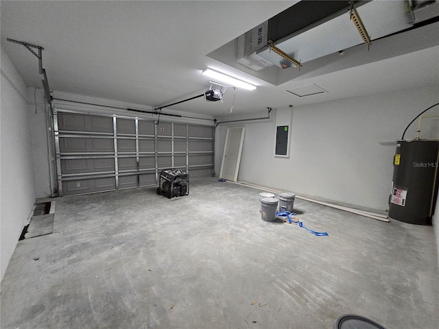 garage with electric panel, electric water heater, and a garage door opener