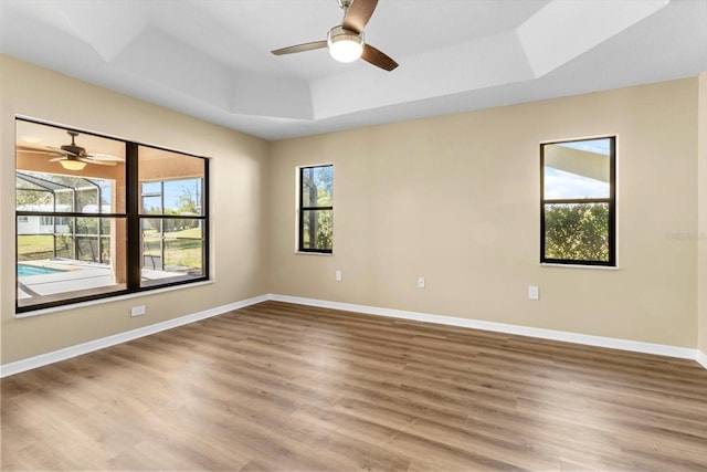 empty room with a wealth of natural light, a raised ceiling, and wood finished floors