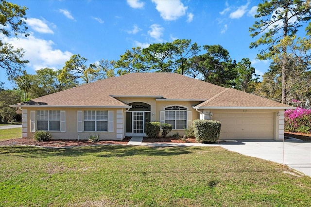 ranch-style home with a front lawn, concrete driveway, roof with shingles, stucco siding, and a garage