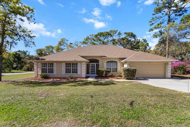 ranch-style house featuring stucco siding, driveway, an attached garage, and a front yard