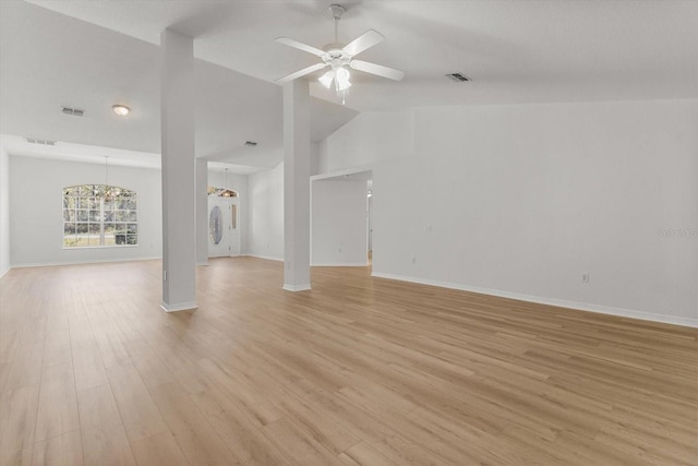 unfurnished living room featuring visible vents, baseboards, ceiling fan, and light wood finished floors