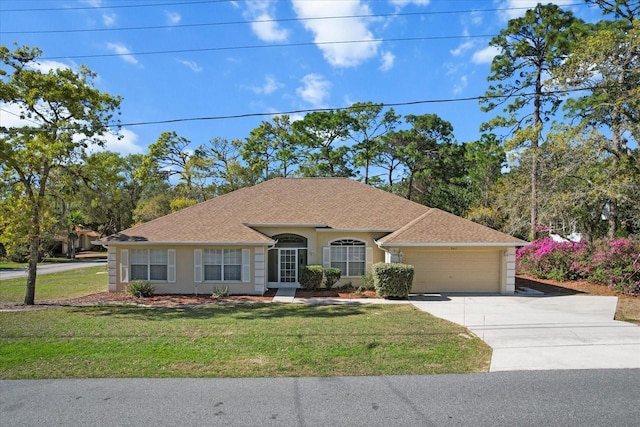 ranch-style house featuring stucco siding, roof with shingles, concrete driveway, an attached garage, and a front yard