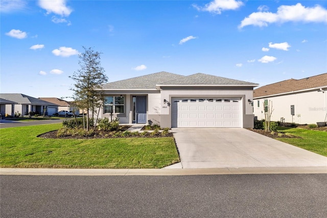 view of front of home with stucco siding, driveway, a front yard, a shingled roof, and a garage