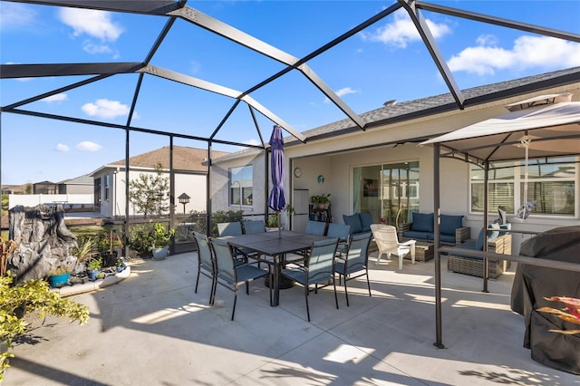 view of patio / terrace featuring an outdoor living space, a lanai, outdoor dining space, and a ceiling fan