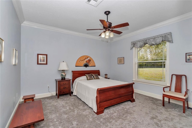 carpeted bedroom featuring a ceiling fan, crown molding, baseboards, and visible vents