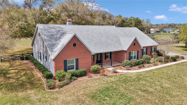 view of front of property featuring brick siding, a front lawn, fence, a chimney, and a patio area