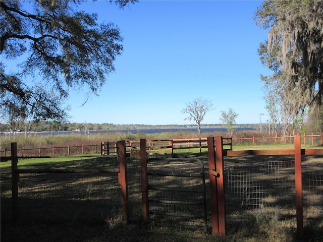 view of yard with a gate, a rural view, and fence