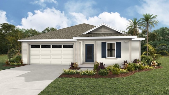 view of front of home with concrete driveway, a garage, roof with shingles, and a front lawn