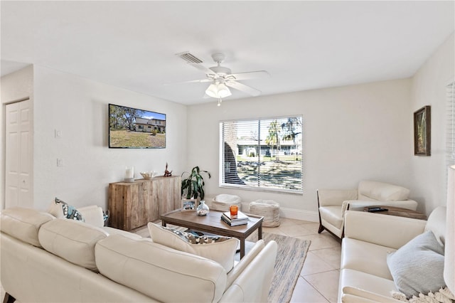 living area with light tile patterned floors, visible vents, baseboards, and ceiling fan