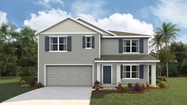 view of front of property featuring a garage, driveway, a front yard, and a shingled roof