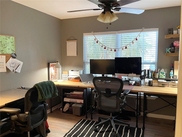 office space featuring wood finished floors and ceiling fan