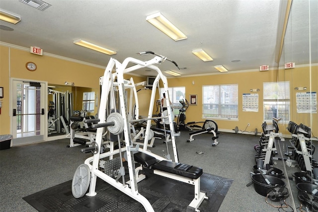 exercise room featuring visible vents, baseboards, a textured ceiling, and ornamental molding