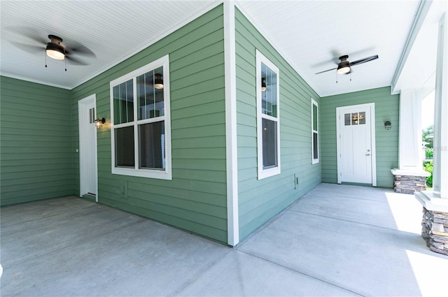 view of patio featuring a ceiling fan and covered porch