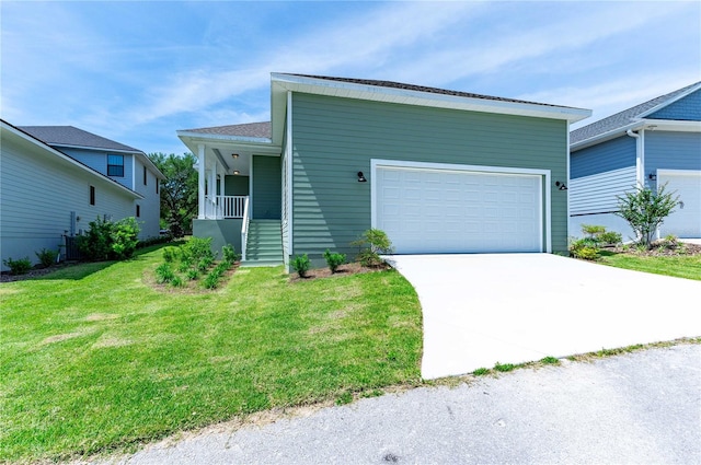 view of front of property with a garage, a porch, concrete driveway, and a front yard