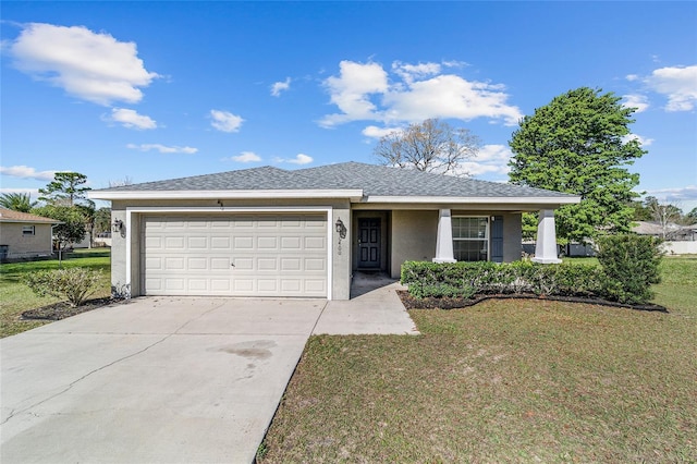 single story home with a front yard, roof with shingles, driveway, stucco siding, and a garage