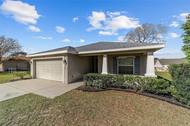 ranch-style house featuring stucco siding, concrete driveway, a front yard, a shingled roof, and a garage