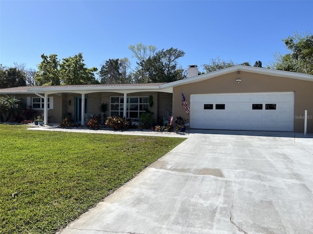 single story home with central air condition unit, concrete driveway, a front yard, a chimney, and a garage