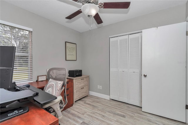 home office with light wood-type flooring, baseboards, and a ceiling fan