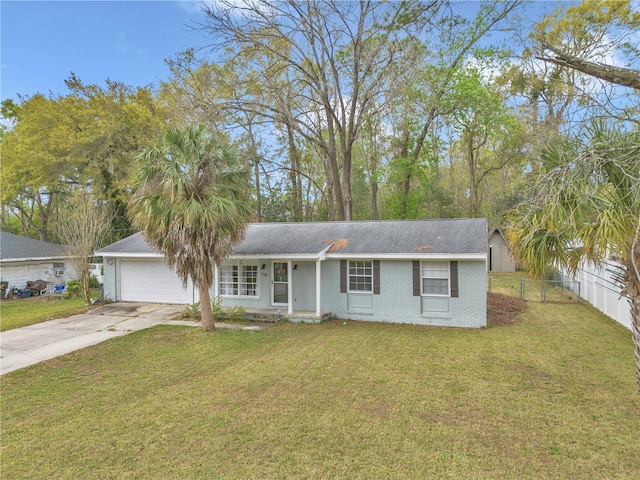 ranch-style home featuring fence, a front lawn, concrete driveway, a garage, and brick siding