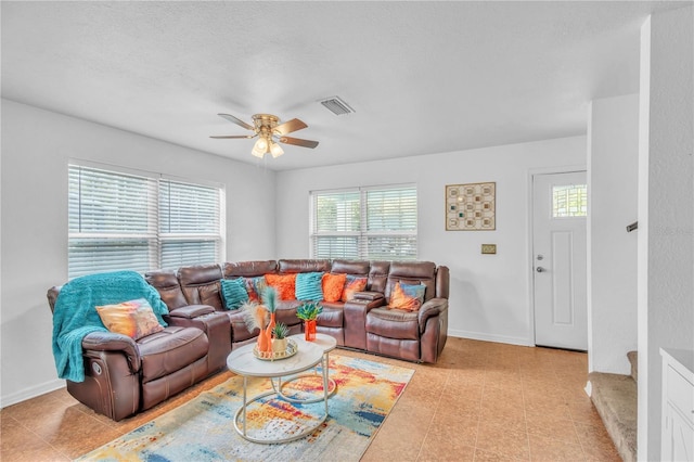 living room with visible vents, a healthy amount of sunlight, baseboards, and a ceiling fan