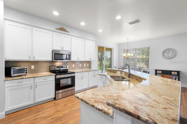 kitchen featuring visible vents, a toaster, appliances with stainless steel finishes, white cabinets, and a sink