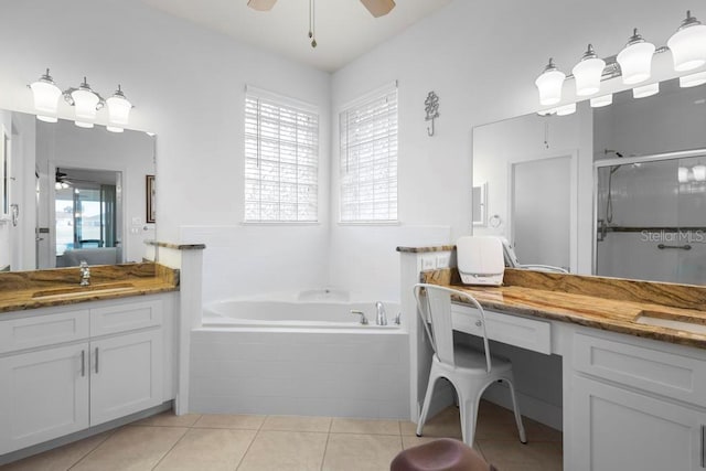 bathroom with tile patterned flooring, a garden tub, a shower stall, and ceiling fan