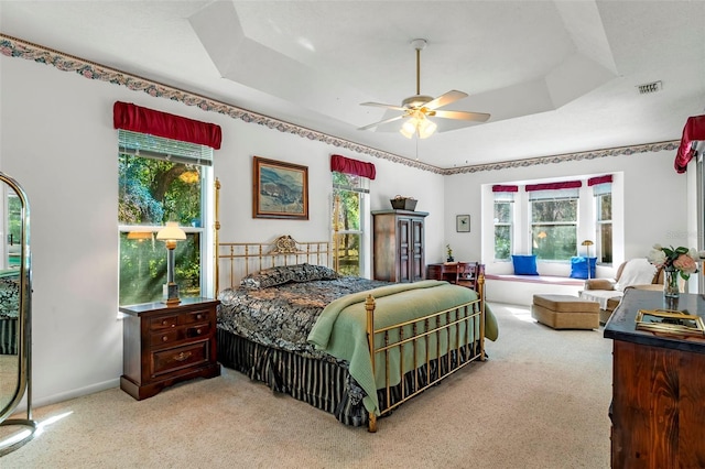 carpeted bedroom with multiple windows, a raised ceiling, and baseboards