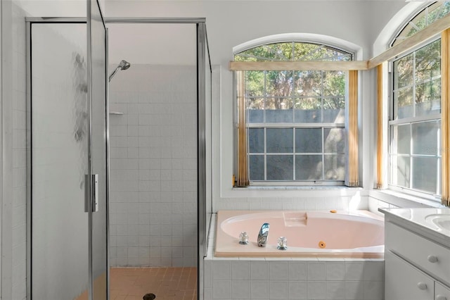 full bath featuring vanity, a healthy amount of sunlight, a stall shower, and a whirlpool tub