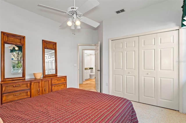 bedroom featuring visible vents, a closet, and ceiling fan