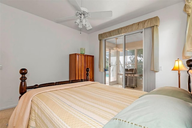 carpeted bedroom featuring baseboards, a ceiling fan, and access to outside