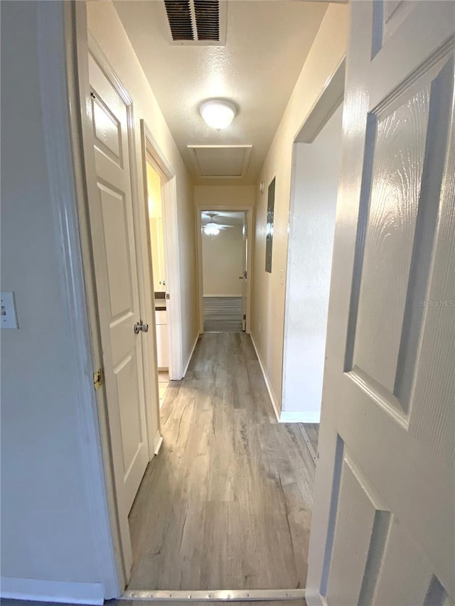 hall featuring visible vents, baseboards, attic access, and light wood finished floors