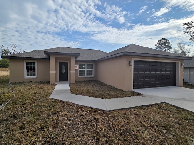 view of front of property with stucco siding, concrete driveway, a garage, and roof with shingles