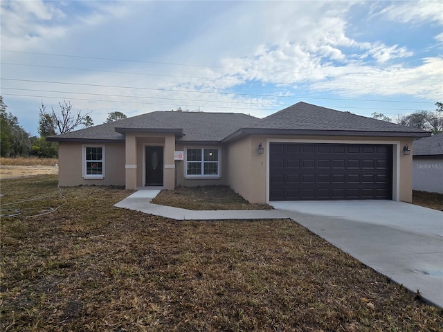 view of front of home featuring stucco siding, an attached garage, roof with shingles, and driveway