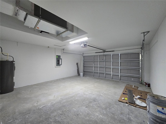 garage featuring electric panel, a garage door opener, and water heater