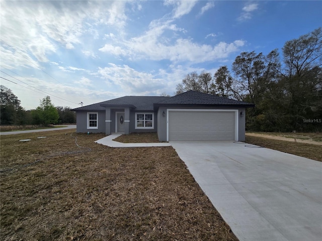 view of front of property with a shingled roof, a front lawn, stucco siding, a garage, and driveway