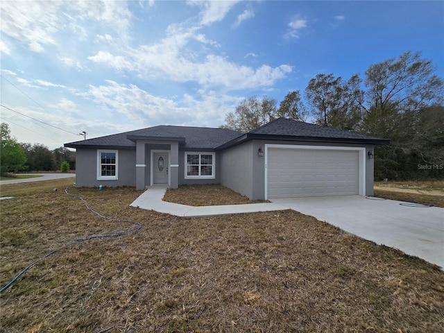 ranch-style home featuring stucco siding, an attached garage, a shingled roof, and driveway