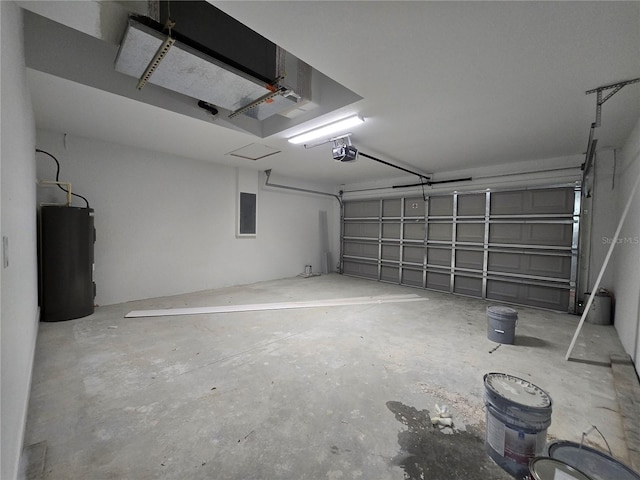 garage with a garage door opener and water heater